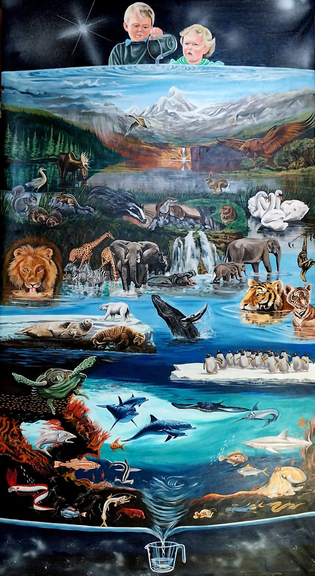 Two children drinking fresh water